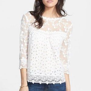 Hinge lace eyelet blouse with sheer neck sz sm